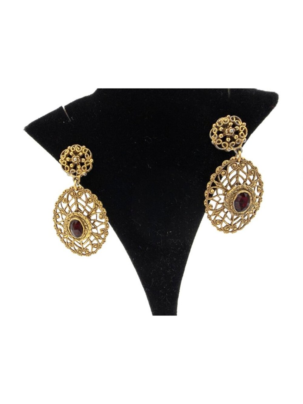 10K Gold Tone Filigree Drop Dangle Screw Back Vintage Earrings Red Center Gem